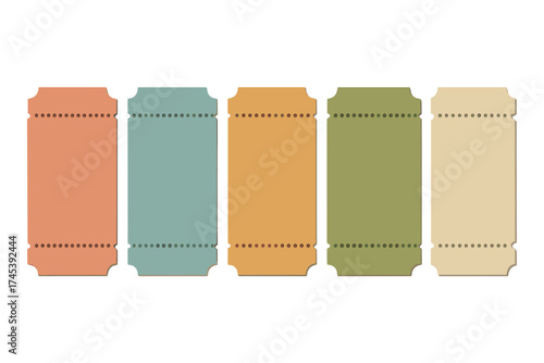 Set of five blank retro tickets or vouchers in different pastel colors with perforation lines