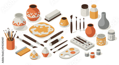 Creative art supplies in isometric design featuring brushes, paints, and pottery