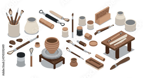 Isometric pottery workshop tools and clay art supplies on white background
