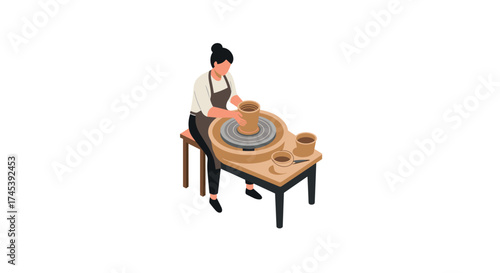 Isometric pottery making scene with artisan crafting clay on wheel