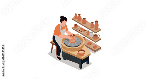 Isometric pottery workshop artisan crafting ceramic masterpieces on a wheel