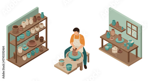 Isometric pottery workshop with shelving and potter at wheel