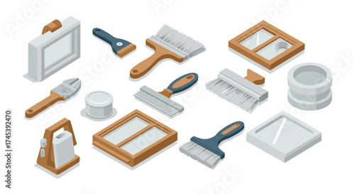 Isometric painting tools and window frames collection for home improvement projects