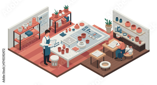 Isometric pottery workshop scene with crafting details and workers