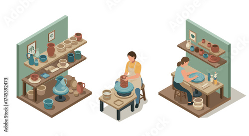 Isometric pottery studio crafting artisanal ceramics with clay on pottery wheels and shelves