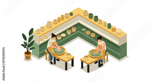 Isometric ceramic workshop scene with people crafting pottery