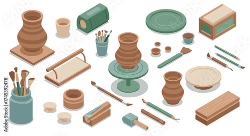 Isometric pottery workshop tools and equipment with clay vases and brushes on white background