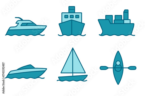 Blue marine transport icons set featuring yacht cargo ship sailboat and kayak