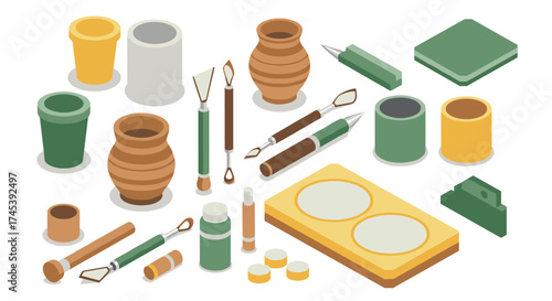 Isometric pottery tools set with clay pots, sponges, and sculpting equipment