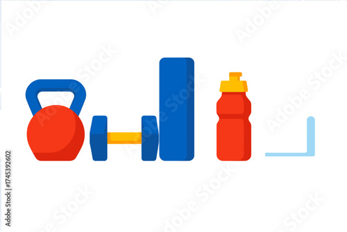 Vibrant set of essential fitness equipment including kettlebell and dumbbell
