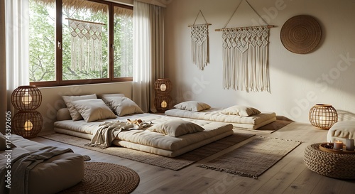 Serene Bohemian Style Yoga and Meditation Room with Natural Light and Cozy Floor Seating