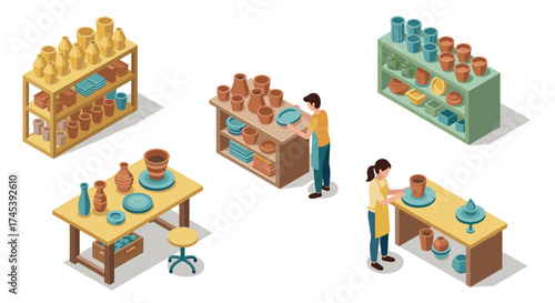 Isometric pottery studio crafting ceramic art with modern equipment and tools