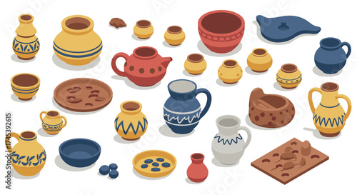 Isometric set of colorful ancient pottery with traditional patterns