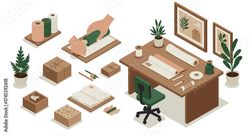 Isometric gift wrapping workspace with ecofriendly supplies and plants