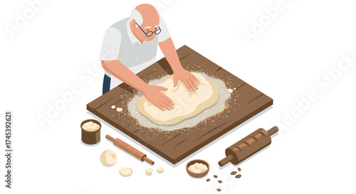 Elderly man kneading dough on wooden table with baking ingredients in isometric style