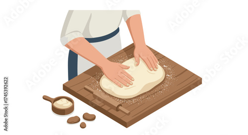 Baker kneading dough on wooden board in isometric style