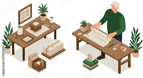 Isometric workshop scene with packaging tools and craftsman in a creative crafting space