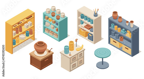 Isometric ceramic studio with shelves and pottery tools in pastel colors