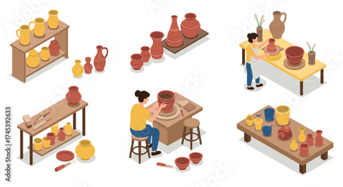 Isometric pottery workshop with crafting process and ceramic art tools