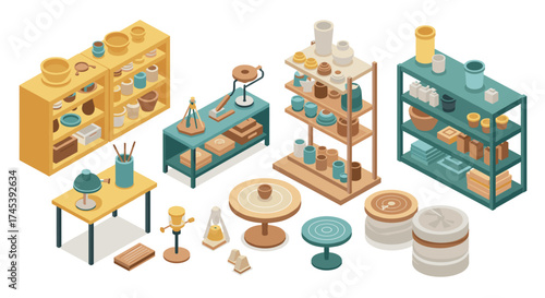 Modern isometric pottery workshop with tools and materials