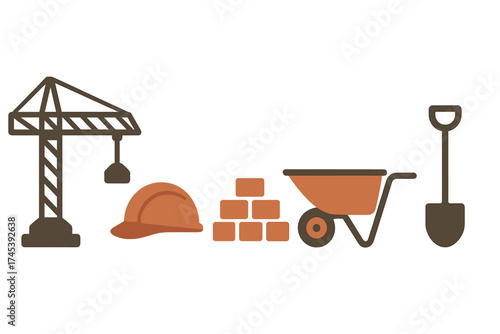 Essential construction site equipment and materials set featuring crane, hard hat, bricks, wheelbarrow, and shovel