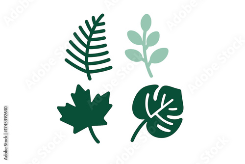 Minimalist collection of various green leaves and natural foliage shapes including tropical and deciduous