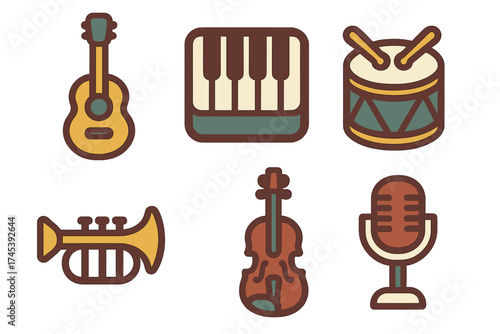 Stylized icons set of musical instruments and sound recording equipment