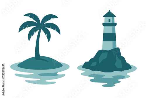 Striped lighthouse on rocks and tropical island with palm tree