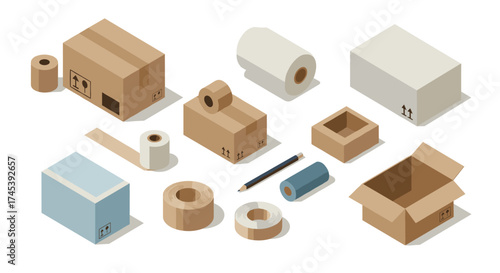 Isometric packaging supplies with boxes, tape, and paper rolls