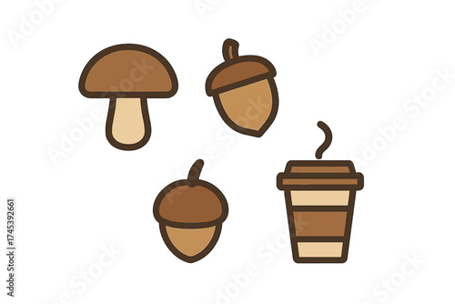 Warm autumn season collection featuring mushroom, acorns, and hot beverage cup
