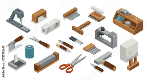 Detailed isometric tools set for bookbinding craft and diy projects