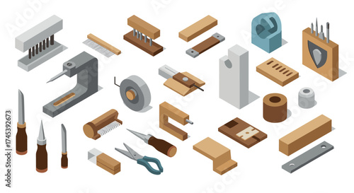 Isometric workshop tools set for woodworking and crafting