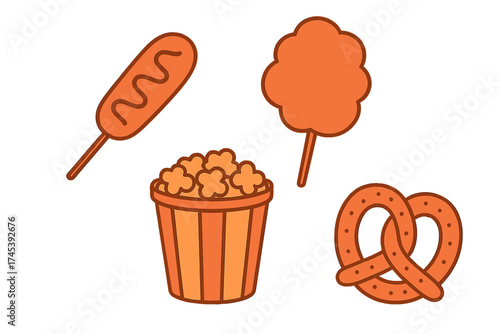 Classic carnival and fair food snacks: corn dog, popcorn, cotton candy, and pretzel