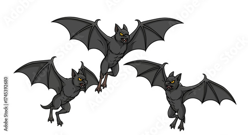 Three dark bats flying with wings spread against a white background.