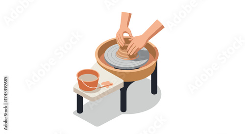 Isometric pottery crafting scene with hands shaping clay on wheel