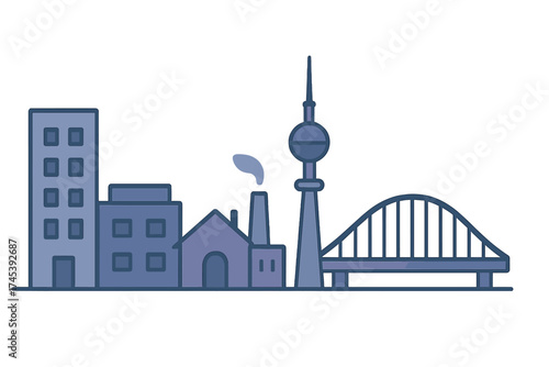 Minimalist cityscape skyline featuring residential towers, factory chimney, and prominent communication tower next to arched bridge