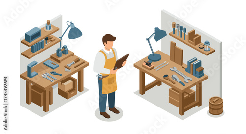 Isometric workshop scene with carpenter and tools in modern studio setting