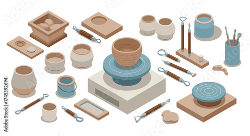 Isometric pottery studio set with clay tools and ceramics on white background