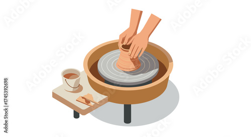 Isometric pottery crafting scene with hands shaping clay on a ceramic wheel