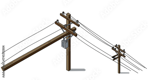 Isometric telephone poles with overhead wires and insulators on white background