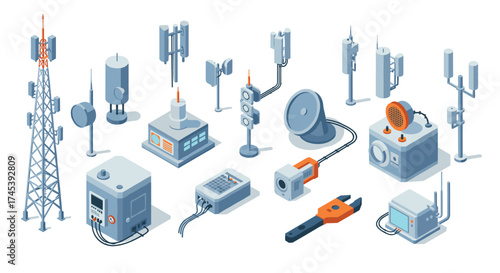 Isometric communication equipment set with modern antennas and devices