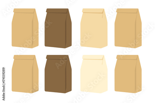 Set of eight simple folded paper sacks in different natural brown and beige tones