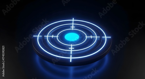 3D neon blue glowing target icon on black background for precision and goal achievement