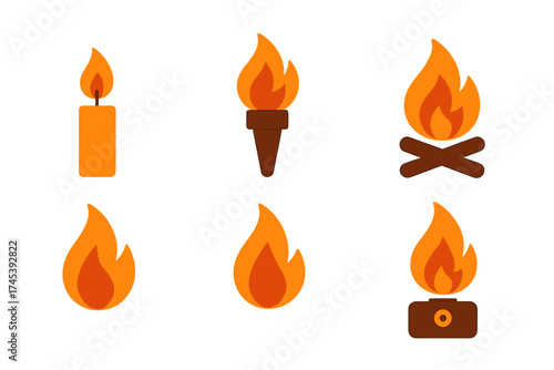 Collection of fire icons including burning candle, torch, campfire, and simple flames