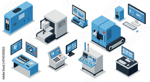 Isometric technology icons set computer, machinery, control panels, servers
