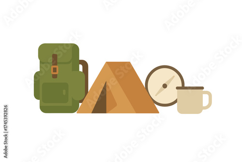 Flat style collection of essential camping gear including backpack, tent, and compass