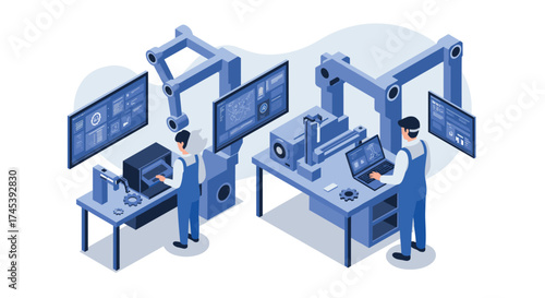 Modern isometric smart factory automation with robotics and ai technology