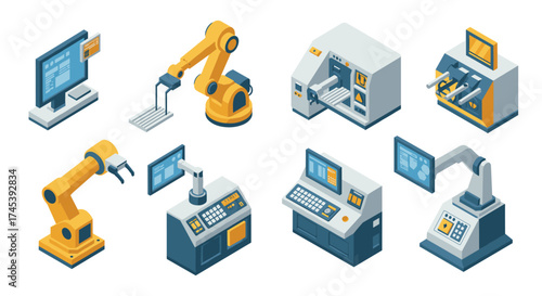 Isometric industrial automation equipment set with robots and screens