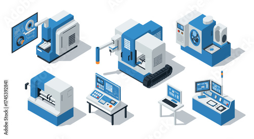Isometric industrial machines and technology in modern blue and white designs