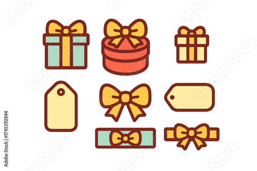 Colorful collection of gift boxes, decorative bows, ribbons, and blank tags